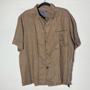 Quick Reflex Tan Brown Linen Short Sleeve Casual Button Down Shirt L